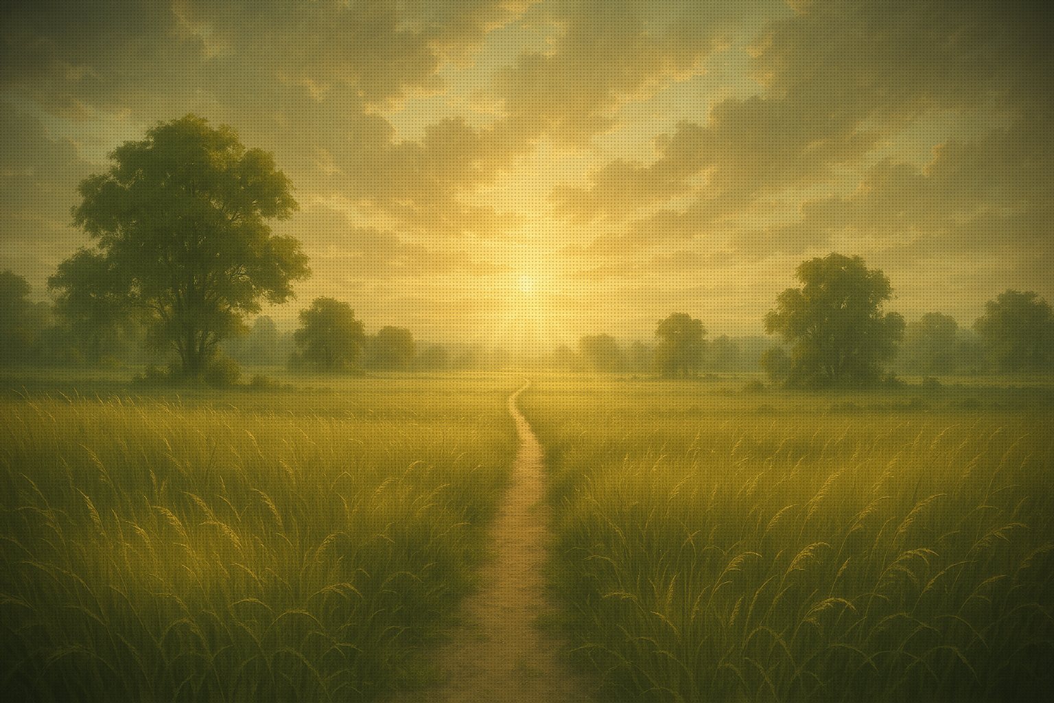 A path through a golden field leading toward a bright horizon