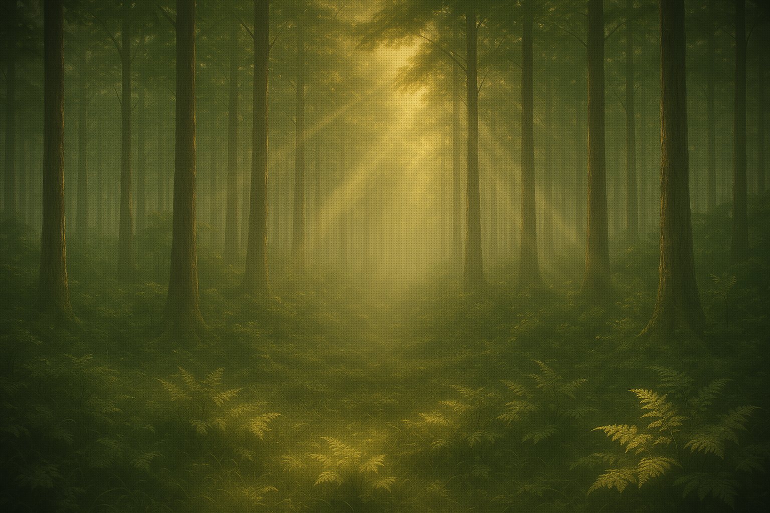 A quiet green forest with shafts of golden light
