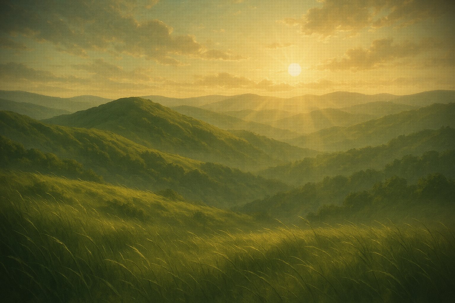 Green rolling hills fading into golden haze
