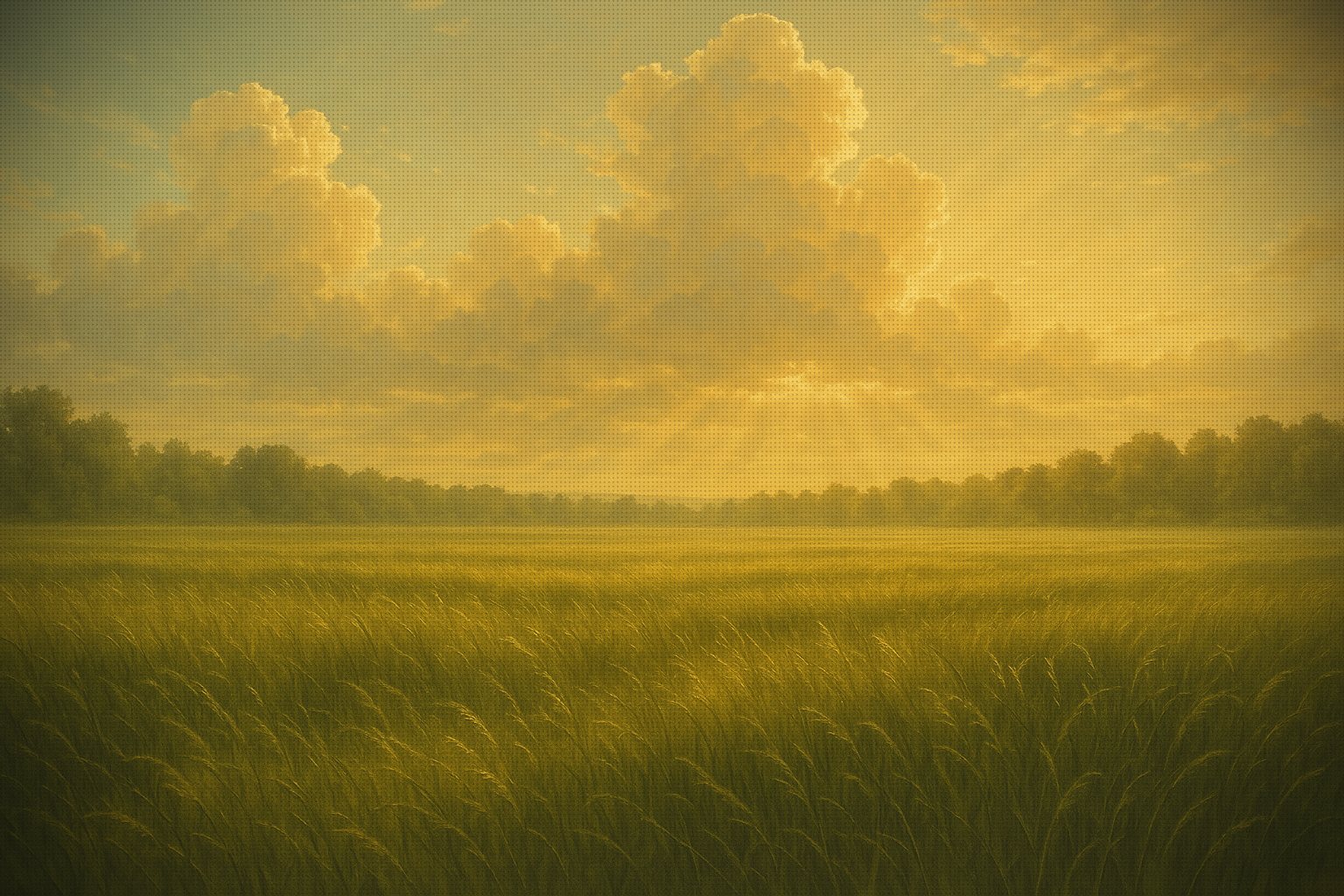 A vast meadow of tall grass rippling toward a distant tree line under a luminous golden sky