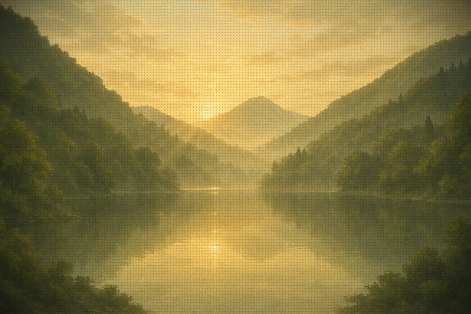 A still mountain lake at dawn under a pale gold sky