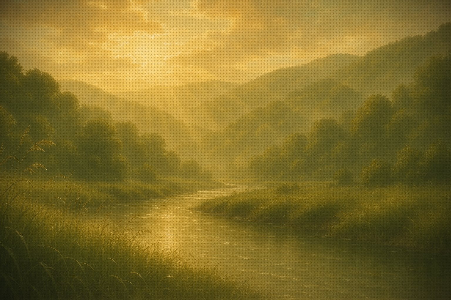 A river winding through a green valley with reeds bending in the wind